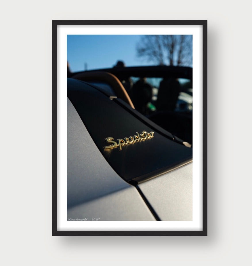 Framed Porsche 911 Speedster badge close up automotive photography print 