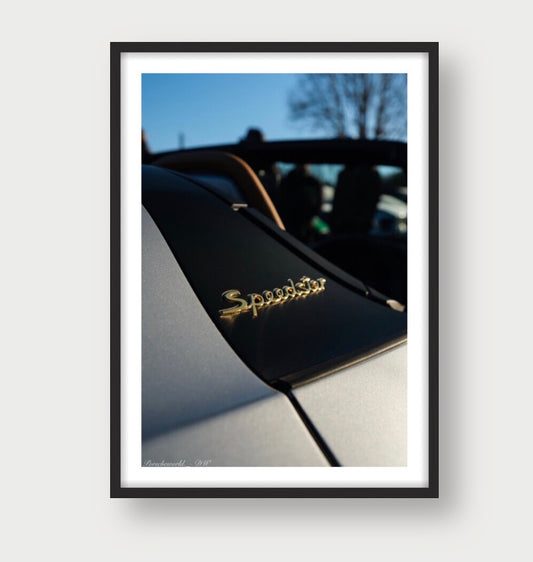 Framed Porsche 911 Speedster badge close up automotive photography print 