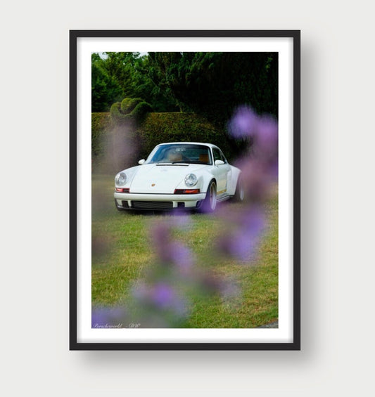 Framed Singer DLS front view automotive print with lavender foreground in garden setting 